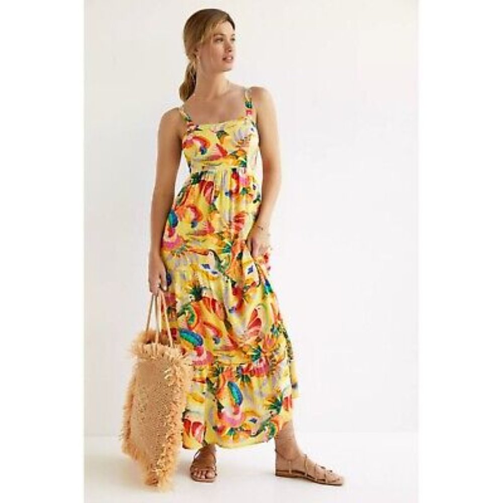 Anthropologie Farm Rio Textured Tropical Yellow Maxi Dress Size XS